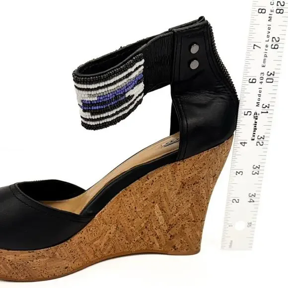 Ugg Black Leather Beaded Ankle Strap Cork Platform Wedge Sandals 8.5 Breathable - Picture 11 of 16